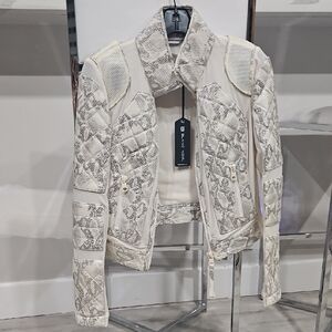 Blanc Noir Cream Snake Print Leather Jacket
